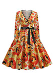 Orange Latern Printed Halloween Vintage 1950s Dress with Sleeves