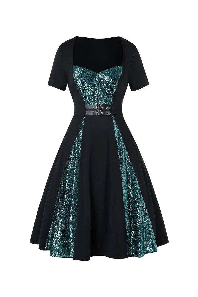 Load image into Gallery viewer, Sweetheart Green Sequins Short Sleeve Swing Dress