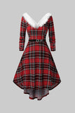 V Neck Green Plaid Christmas Dress with Fur Collar