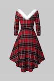 V Neck Green Plaid Christmas Dress with Fur Collar