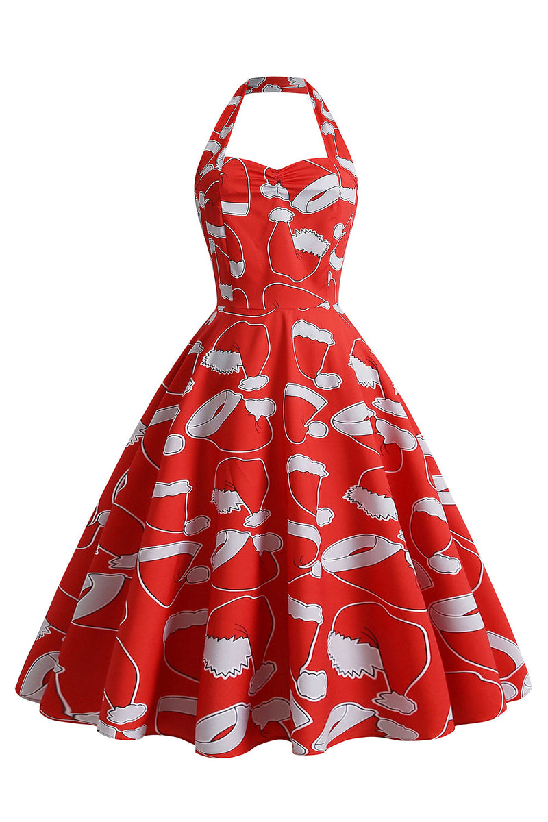 Load image into Gallery viewer, Halter Neck Santa Print Red Christmas Dress