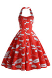 Halter Neck Santa Print Red Christmas Dress