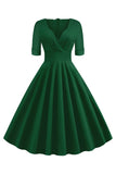 Green V-Neck Short Sleeves 1950s Swing Dress