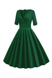 Green V-Neck Short Sleeves 1950s Swing Dress