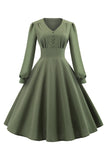 Green V-Neck Long Sleeves Vintage Swing Dress