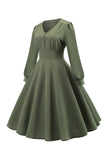 Green V-Neck Long Sleeves Vintage Swing Dress