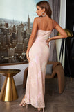 Light Pink Spaghetti Straps Jacquard Formal Dress with Slit