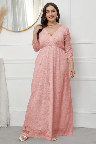 Plus Size V-Neck Lace Pink Mother Of The Bride Dress