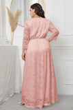 Plus Size V-Neck Lace Pink Mother Of The Bride Dress