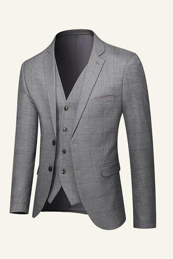 Grey Plaid 3 Piece Notched Lapel Men's Wedding Suits