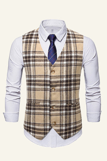 Lapel Brown Plaid Men's Suit Vest