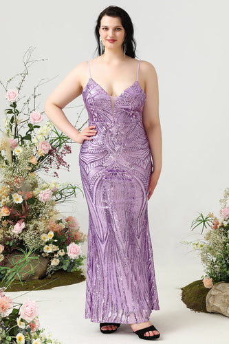 Sheath Spaghetti Straps Light Purple Sequins Plus Size Formal Dress