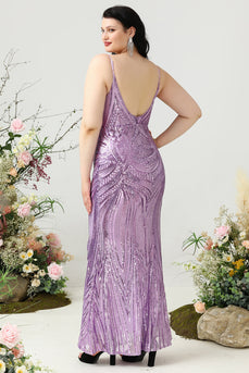 Sheath Spaghetti Straps Light Purple Sequins Plus Size Formal Dress