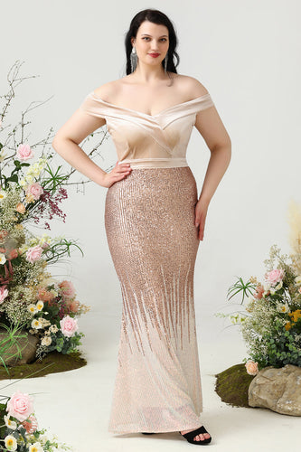 Mermaid Off the Shoulder Champagne Plus Size Formal Dress with Sequins