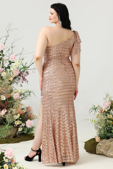 Mermaid One Shoulder Champagne Sequins Plus Size Formal Dress with Split Front