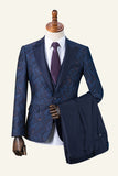 Dark Blue Peaked Lapel Printed 3-Piece Men's Suit Tuxedo