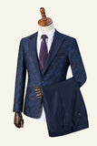 Dark Blue Peaked Lapel Printed 3-Piece Men's Suit Tuxedo