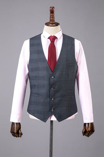 Grey Plaid 3-Piece Peaked Lapel Men's Suit