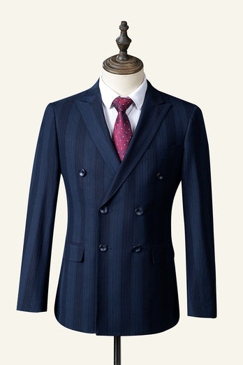Dark Blue Pinstripe 3-Piece Double-Breasted Men's Suit