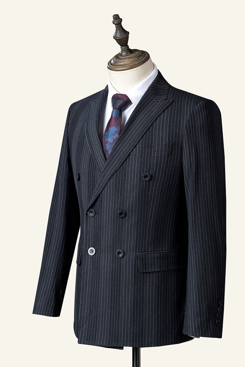 Load image into Gallery viewer, Black Pinstriped Double-Breasted 3-Piece Men&#39;s Suit