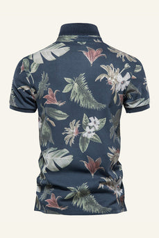 Navy Regular Fit Collared Leaves and Flower Printed Men's Polo Shirt