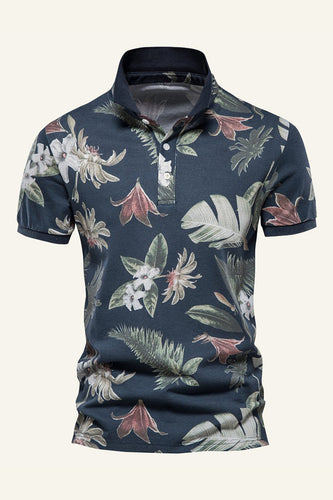 Navy Regular Fit Collared Leaves and Flower Printed Men's Polo Shirt
