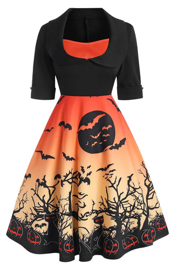 Orange Short Sleeves Vintage Plus Size Halloween Dress