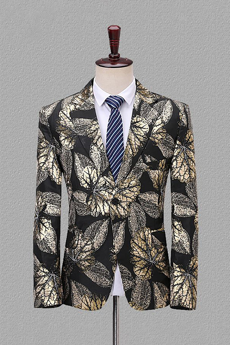 Load image into Gallery viewer, Black and Golden Notched Lapel Jacquard Men&#39;s Blazer