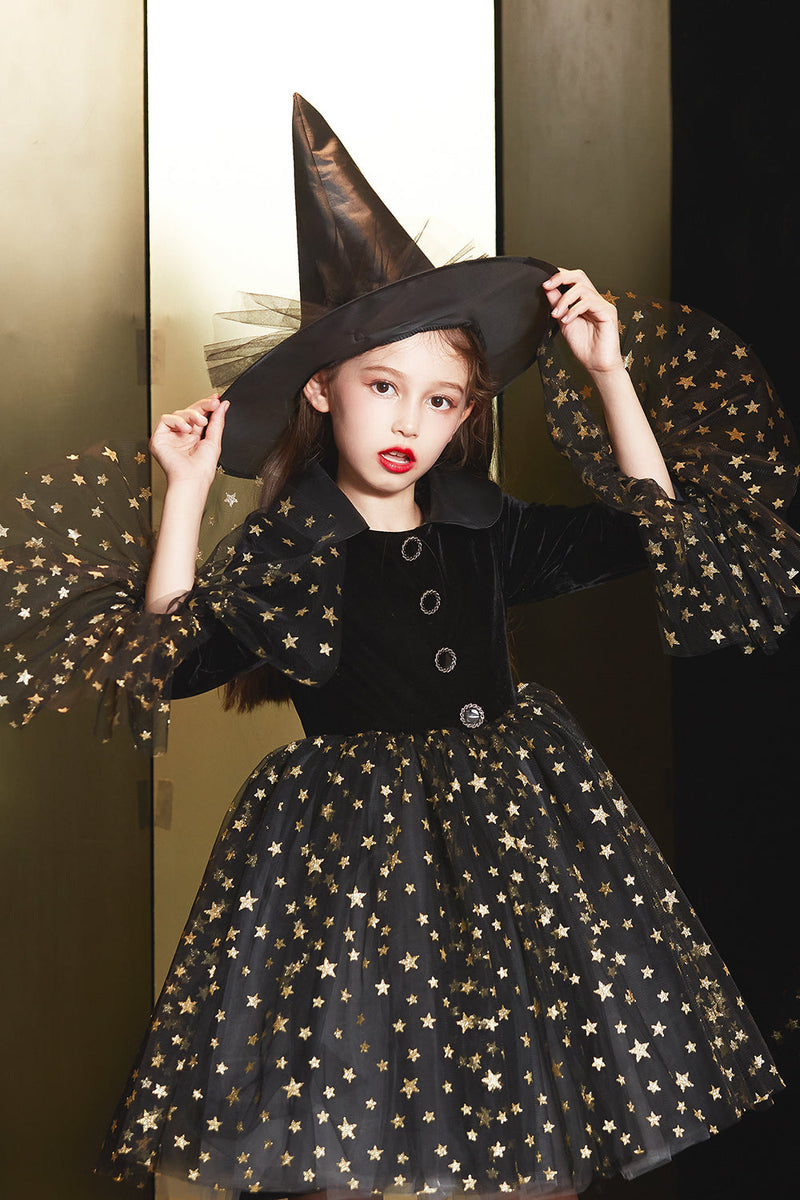 Load image into Gallery viewer, Black Velvet Halloween Girl Dress with Star