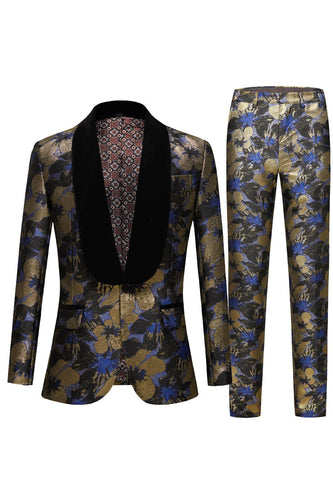 Blue Jacquard Shawl Lapel Men's 2 Piece Formal Suits