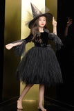 Sparkly Black Velvet Long Sleeves Halloween Girl Dress