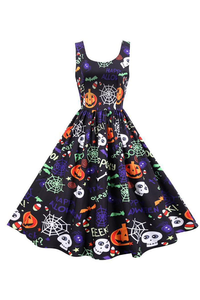 Load image into Gallery viewer, Sleeveless Printed Waisted Halloween Retro Dress