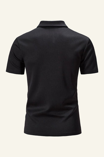 Slim Fit V Neck Short Sleeves Black Men Polo Shirt