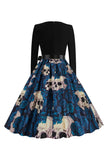 Halloween Blue Print Long Sleeve Vintage Dress