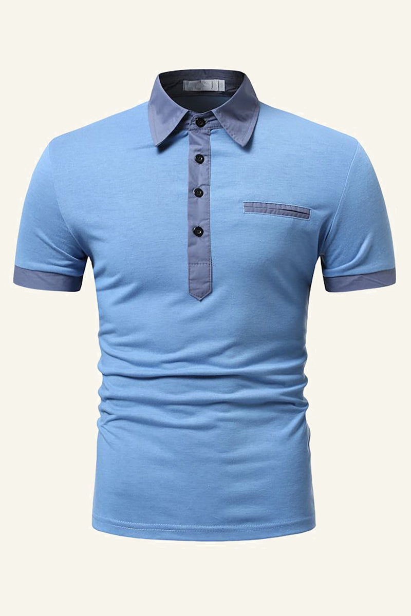 Load image into Gallery viewer, Blue Patchwork Cotton Short Sleeve Men Casual Polo Shirt