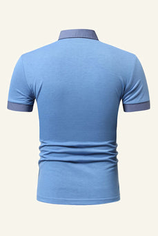 Blue Patchwork Cotton Short Sleeve Men Casual Polo Shirt