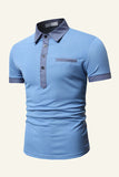 Blue Patchwork Cotton Short Sleeve Men Casual Polo Shirt