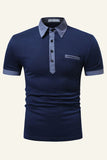 Blue Patchwork Cotton Short Sleeve Men Casual Polo Shirt