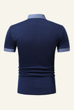 Blue Patchwork Cotton Short Sleeve Men Casual Polo Shirt