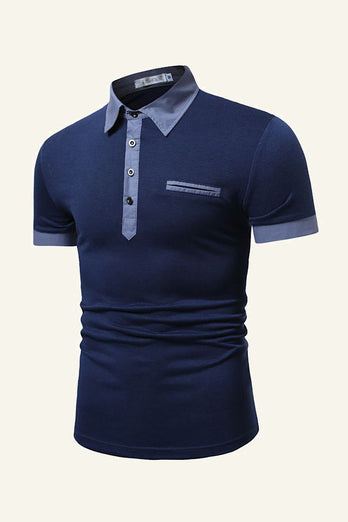 Blue Patchwork Cotton Short Sleeve Men Casual Polo Shirt
