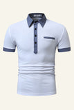 Blue Patchwork Cotton Short Sleeve Men Casual Polo Shirt