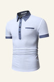 Blue Patchwork Cotton Short Sleeve Men Casual Polo Shirt