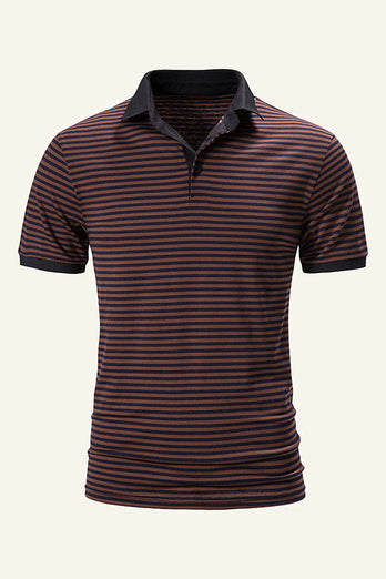 Brown Stripe Short Sleeves Slim Fit Men Polo Shirt