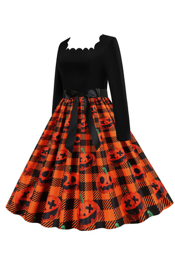 Orange Print Halloween Retro Dress with Long Sleeves