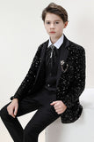 Sparkly Black Notched Lapel Sequins Boys' 3-Piece Formal Suit Set