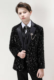 Sparkly Black Notched Lapel Sequins Boys' 3-Piece Formal Suit Set