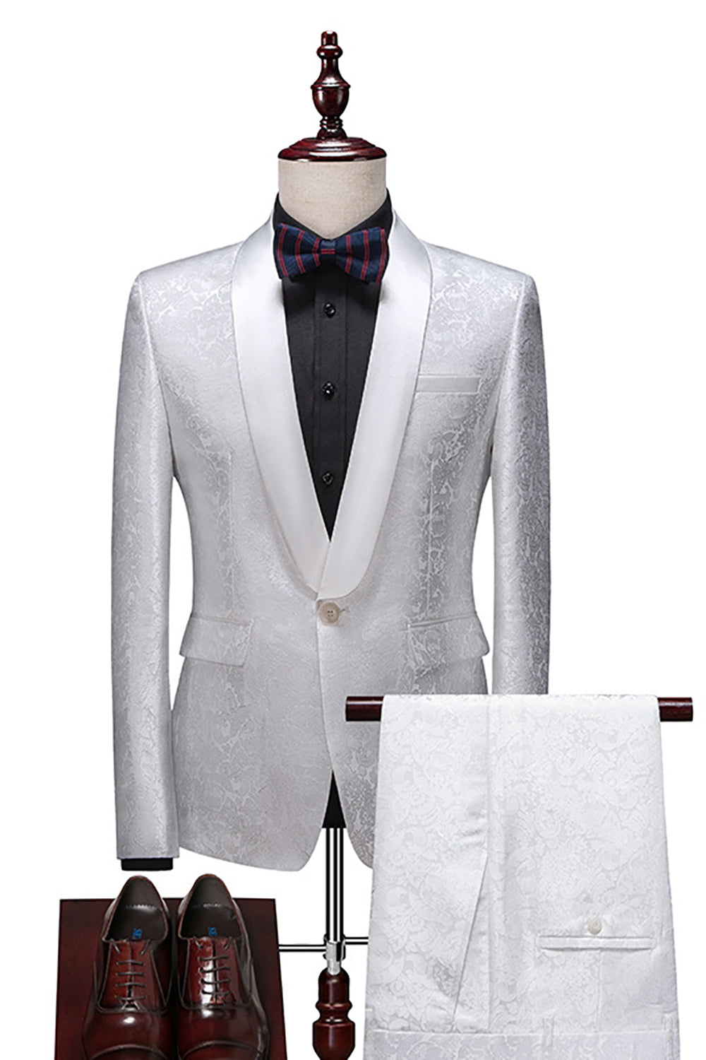 White Jacquard 2-Piece Shawl Lapel Men's Formal Suits