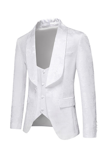 Men's White Jacquard 3-Piece Shawl Lapel Formal Suits