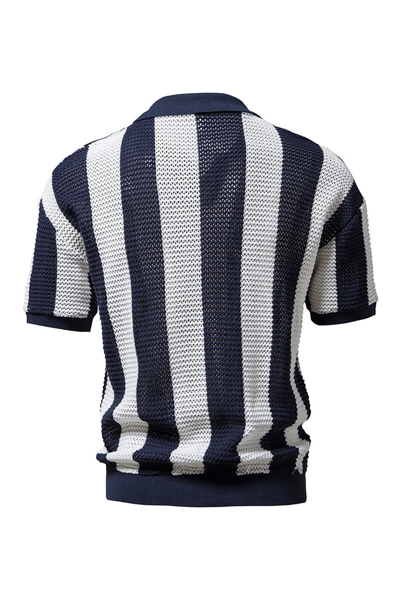 Load image into Gallery viewer, Men&#39;s Navy Stripes Short Sleeves Knit Polo Shirts