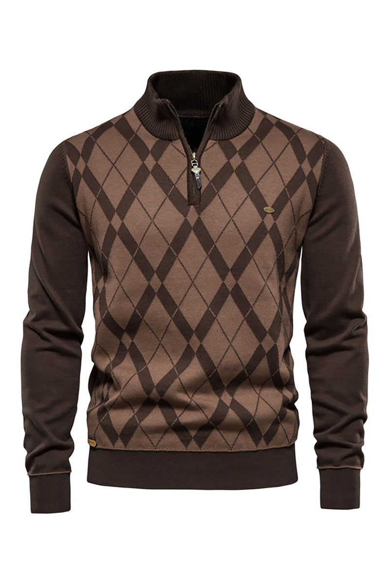 Load image into Gallery viewer, Men&#39;s Brown Plaid Zip Turtleneck Pullover Sweater